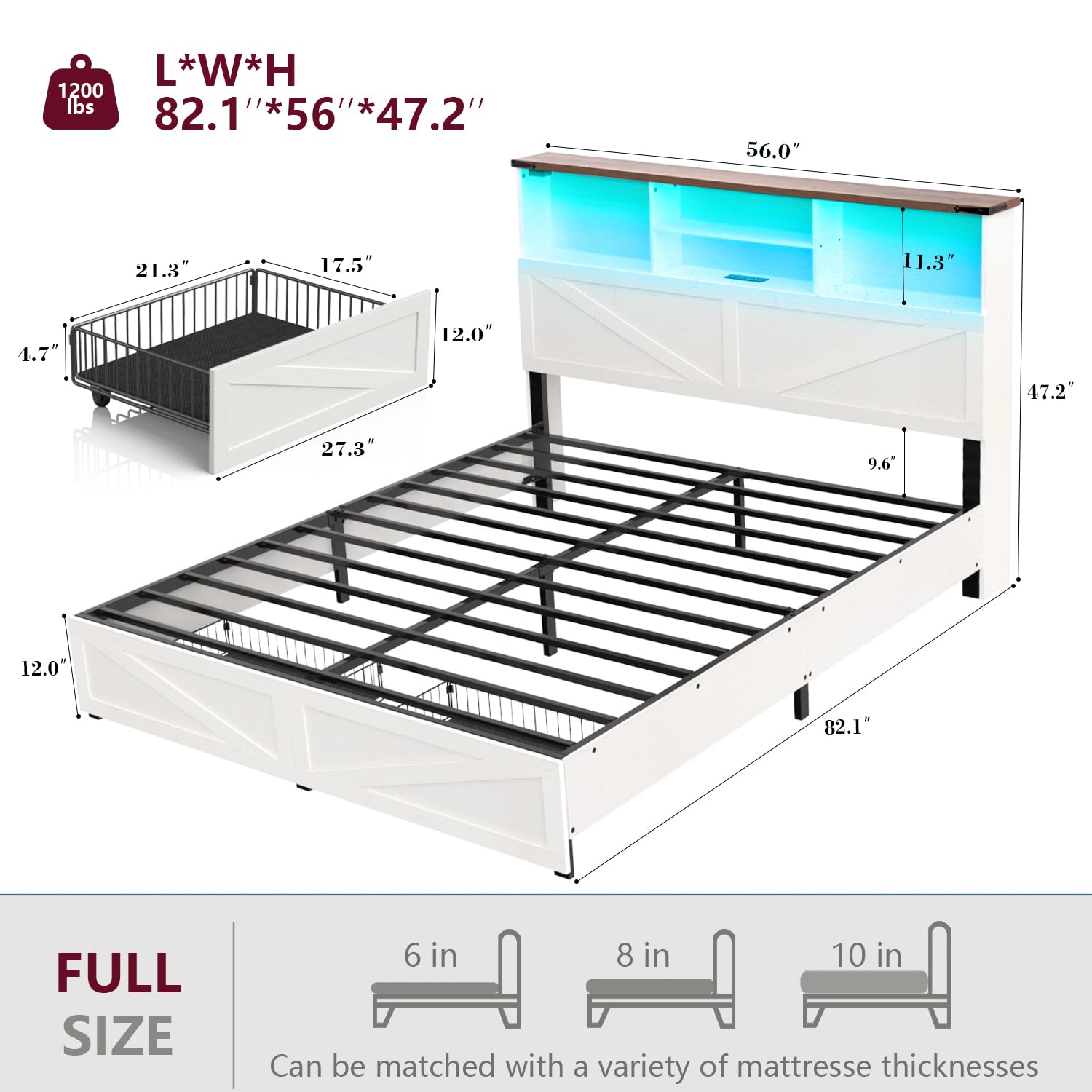 ROCHECASA White Full Size Bed Frame with Bookshelf Headboard, Charging Station, LED Lights, and Storage Drawers - WoodArtSupply