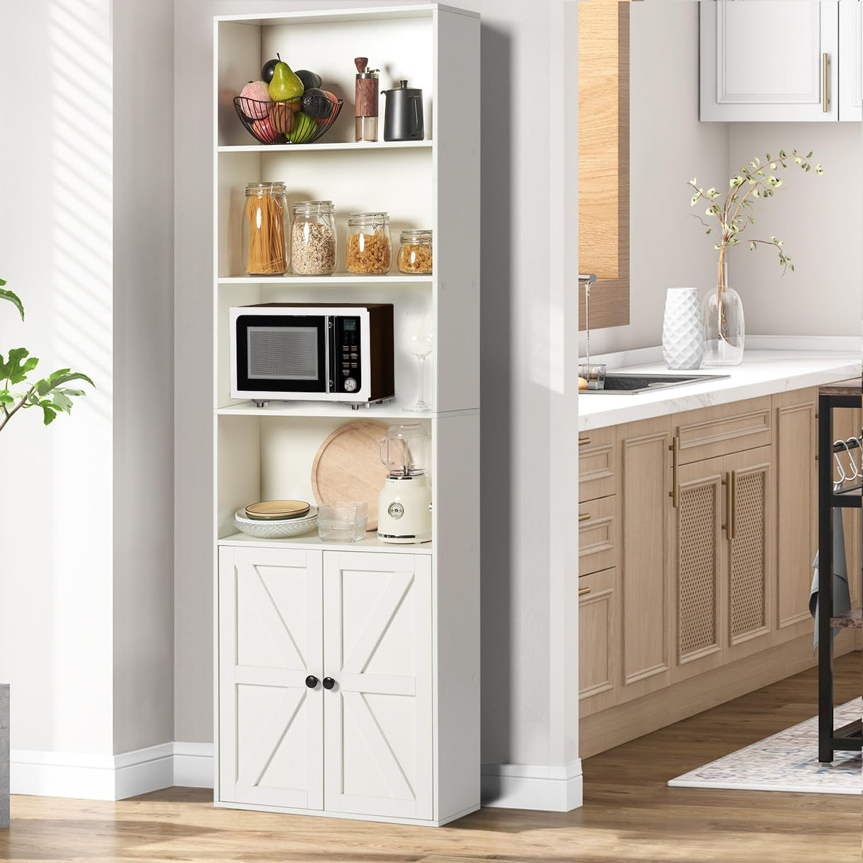 oneinmil 6 Tier Bookshelves and Bookcase with Doors Industrial Set of 2 Double Wide Floor Standing Book Shelf 71" Tall Display Shelves Bookshelf with Storage Cabinets for Living Room White oneinmil