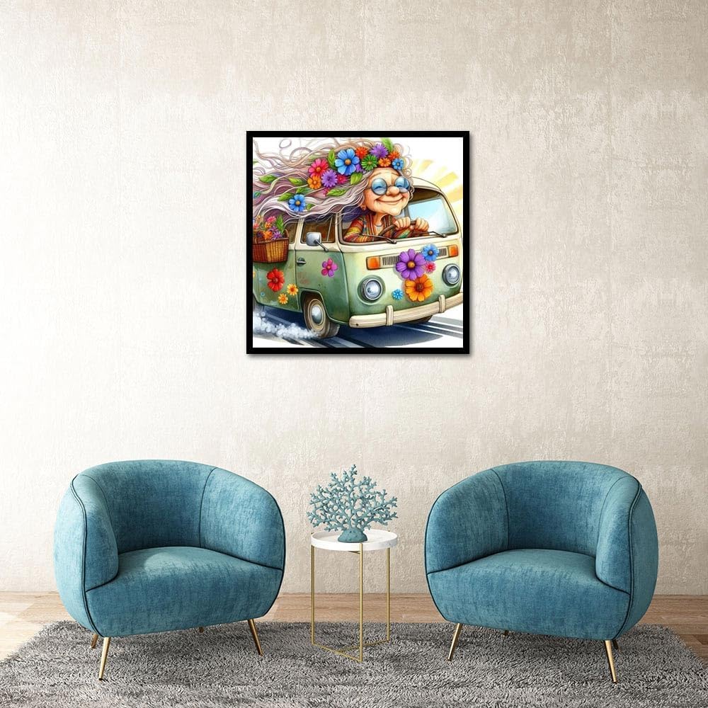 FQOVKYN Cartoon Diamond Painting Kits for Adults, Flower Car Diamond Art Kits for Adults Beginners, Cartoon Gem Art Kits for Adults for Home Wall Decor Present(12x12inch) FQOVKYN