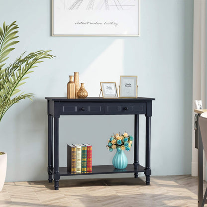 Karl home Console Table with 2 Drawers, Narrow Sofa Side Table Entryway Desk with Bottom Storage Shelf, TV Stand for Living Room Hallway Office, Black 29.7" H - WoodArtSupply