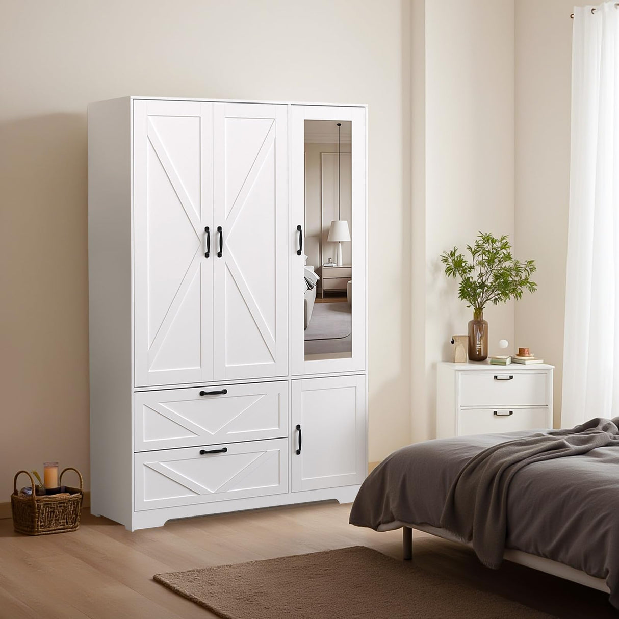 Hosnnile 72'' Armoire Wardrobe Closet with Mirror Door & Light, Farmhouse Bedroom Clothes Cabinet with 4 Doorrs + Hanging Rod + 2 Drawers, Wooden Wardrobe Cabinet with Adjustable Shelf for Bedroom Hosnnile