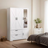Hosnnile 72'' Armoire Wardrobe Closet with Mirror Door & Light, Farmhouse Bedroom Clothes Cabinet with 4 Doorrs + Hanging Rod + 2 Drawers, Wooden Wardrobe Cabinet with Adjustable Shelf for Bedroom Hosnnile