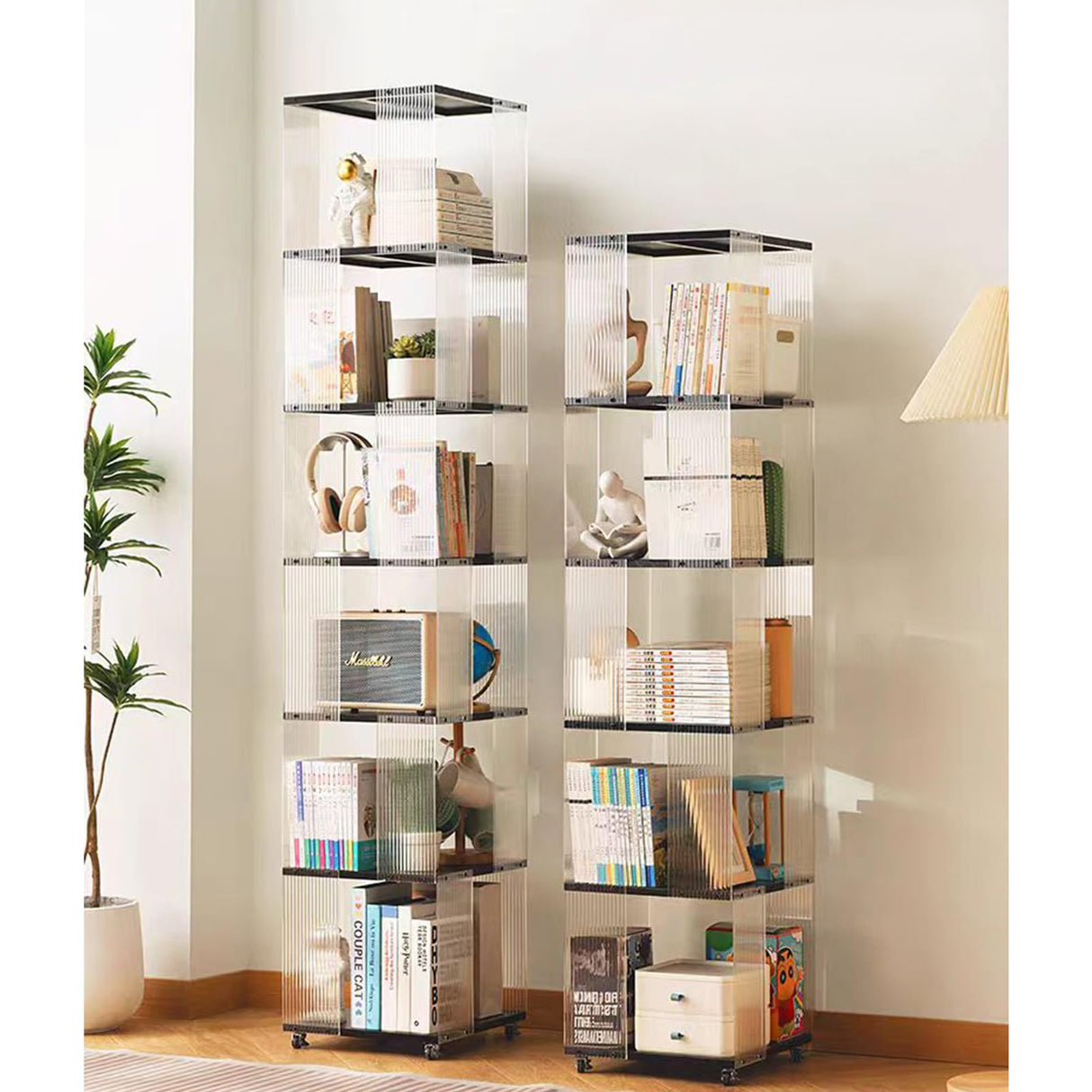 5 Tier Rotating Bookshelf, Clear Bookcase, Modern Storage Organizer Book Case for Bedroom Living Room Home Office, 360 Display Spinning Bookshelf Floor Standing Book Shelf (5 Tier - Natural) ZHUMUJIAJU