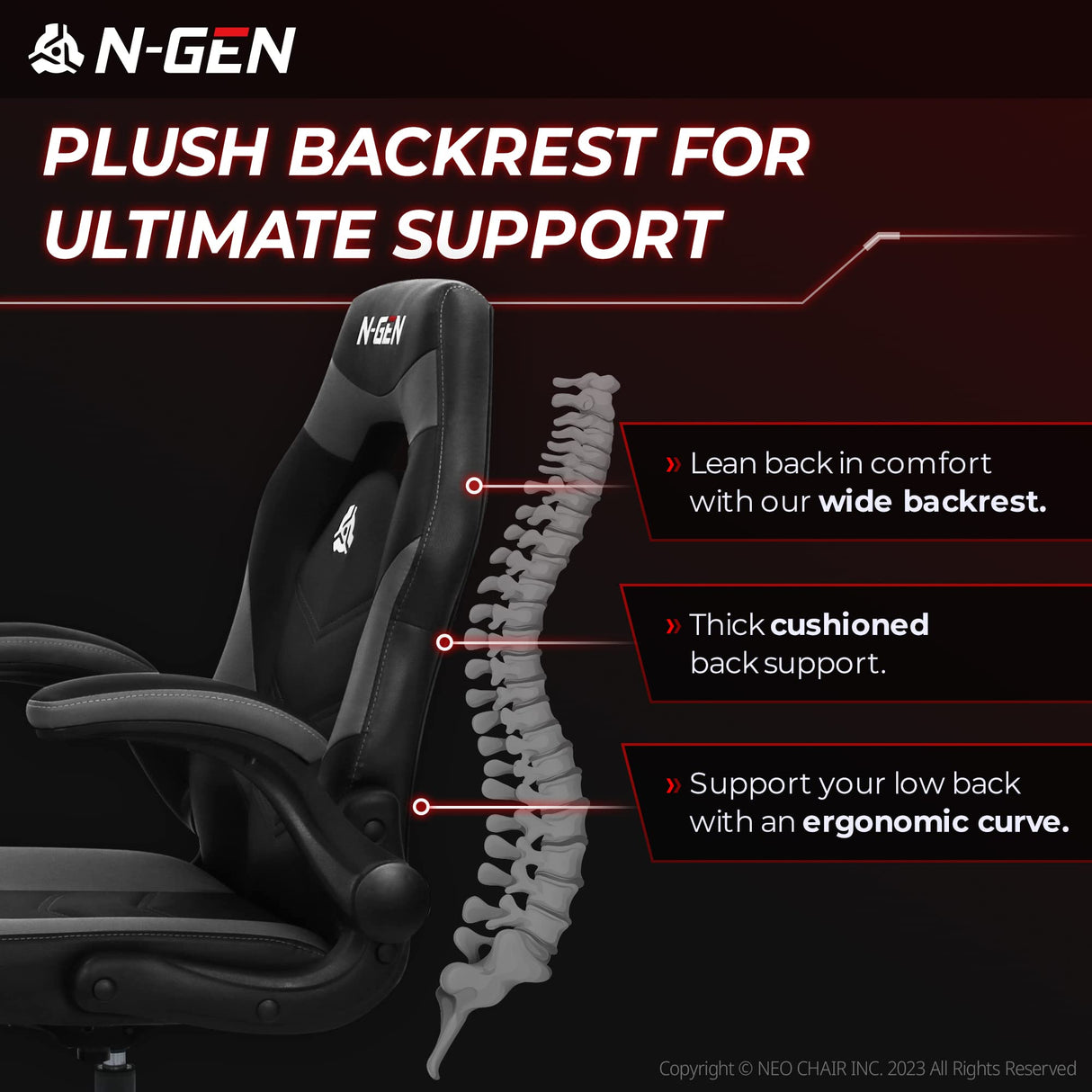 N-GEN Video Gaming Computer Chair Ergonomic Office Chair Desk Chair with Lumbar Support Flip Up Arms Adjustable Height Swivel PU Leather Executive with Wheels for Adults Women Men (Grey) NEO CHAIR