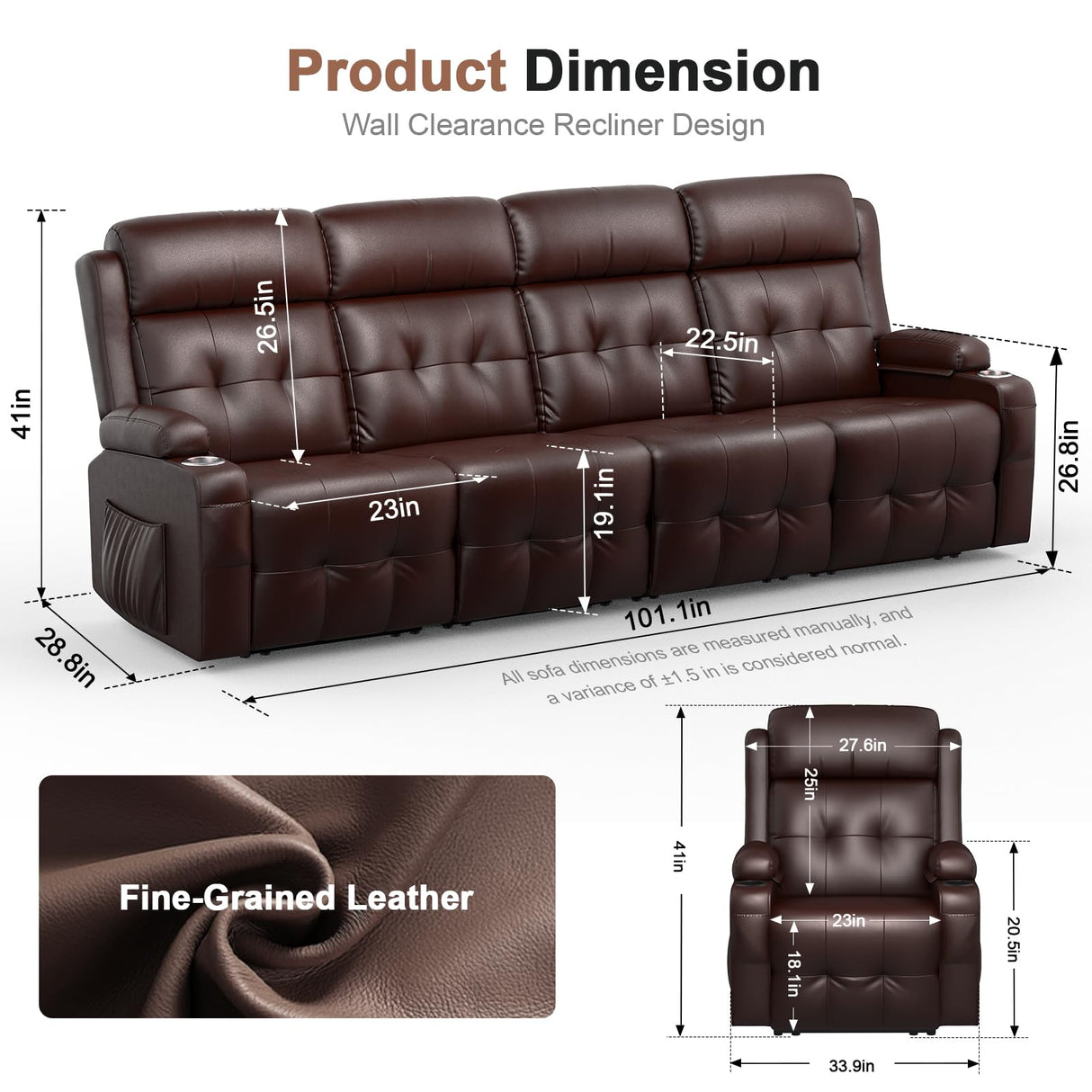 VAFEAFO Recliner Sofa, Massage Reclining Sofa Sets 4 Seater Heavy Weight Capacity, 2 Single Power Heat & Massageable Chair with Storage, Cup Holders, Wall Hugger Couches for Living Room & RV Campers VAFEAFO