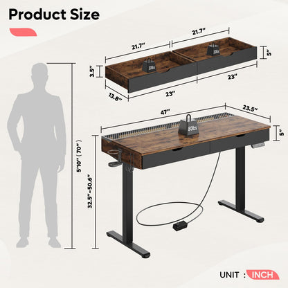 Bestier LED Electric Standing Desk with Double Drawers, 47 Inch Ergonomic Sit Stand Desk with Cup Holder ＆ Hook,Rising Desk for Home Office Workstation,Reversible Grid Brown Top - WoodArtSupply