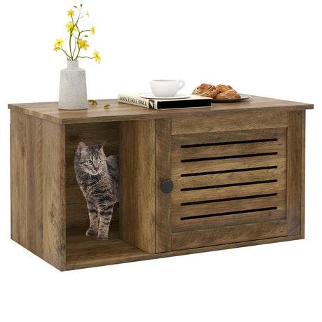 Giantex Cat Litter Box Enclosure - Litter Box Hidden Furniture with Louvered Door, Front Entry, Storage Cabinet, Farmhouse Wooden Cat Washroom Pet House Coffee Table, Fit Most of Litter Box, Brown Giantex