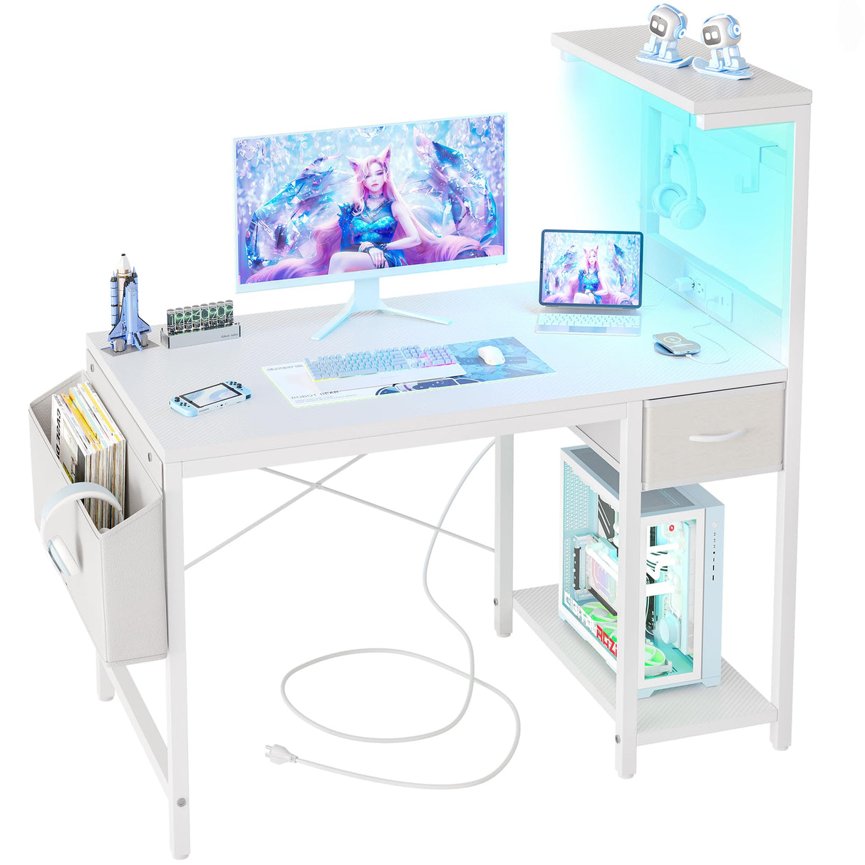 TIQLAB Gaming Desk 40 inch with Power Outlet and LED Light, Computer Desk with Reversible Shelves and Storage Drawer, Small PC Desk for Home Office Table with Bag, Carbon Fiber White TIQLAB