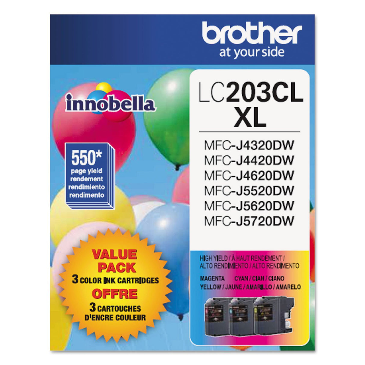 Brother Genuine High Yield Color Ink Cartridge, LC2033PKS, Replacement Color Ink Three Pack, Includes 1 Cartridge Each of Cyan, Magenta & Yellow, Page Yield Up To 550 Pages, Amazon Dash Replenishment Cartridge, LC203 Brother