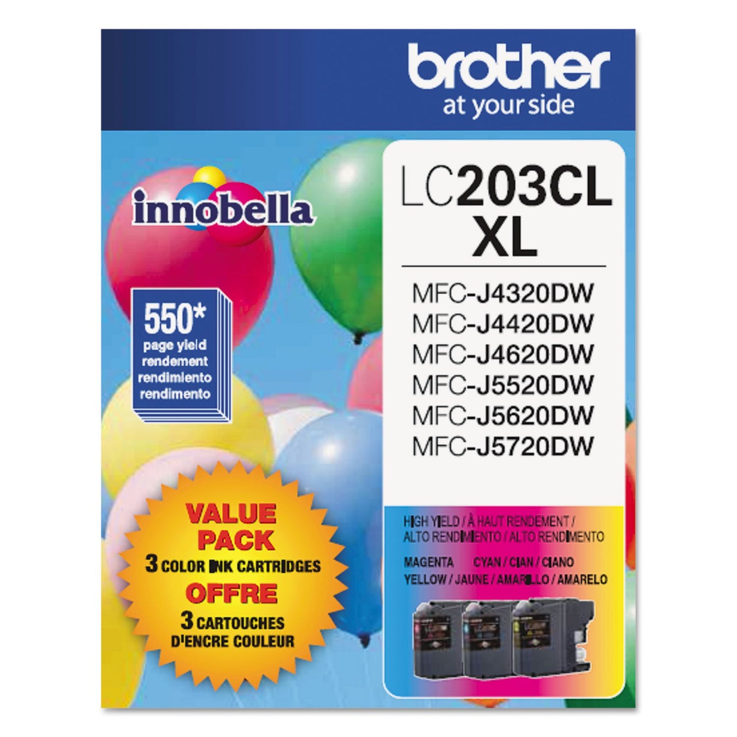 Brother Genuine High Yield Color Ink Cartridge, LC2033PKS, Replacement Color Ink Three Pack, Includes 1 Cartridge Each of Cyan, Magenta & Yellow, Page Yield Up To 550 Pages, Amazon Dash Replenishment Cartridge, LC203