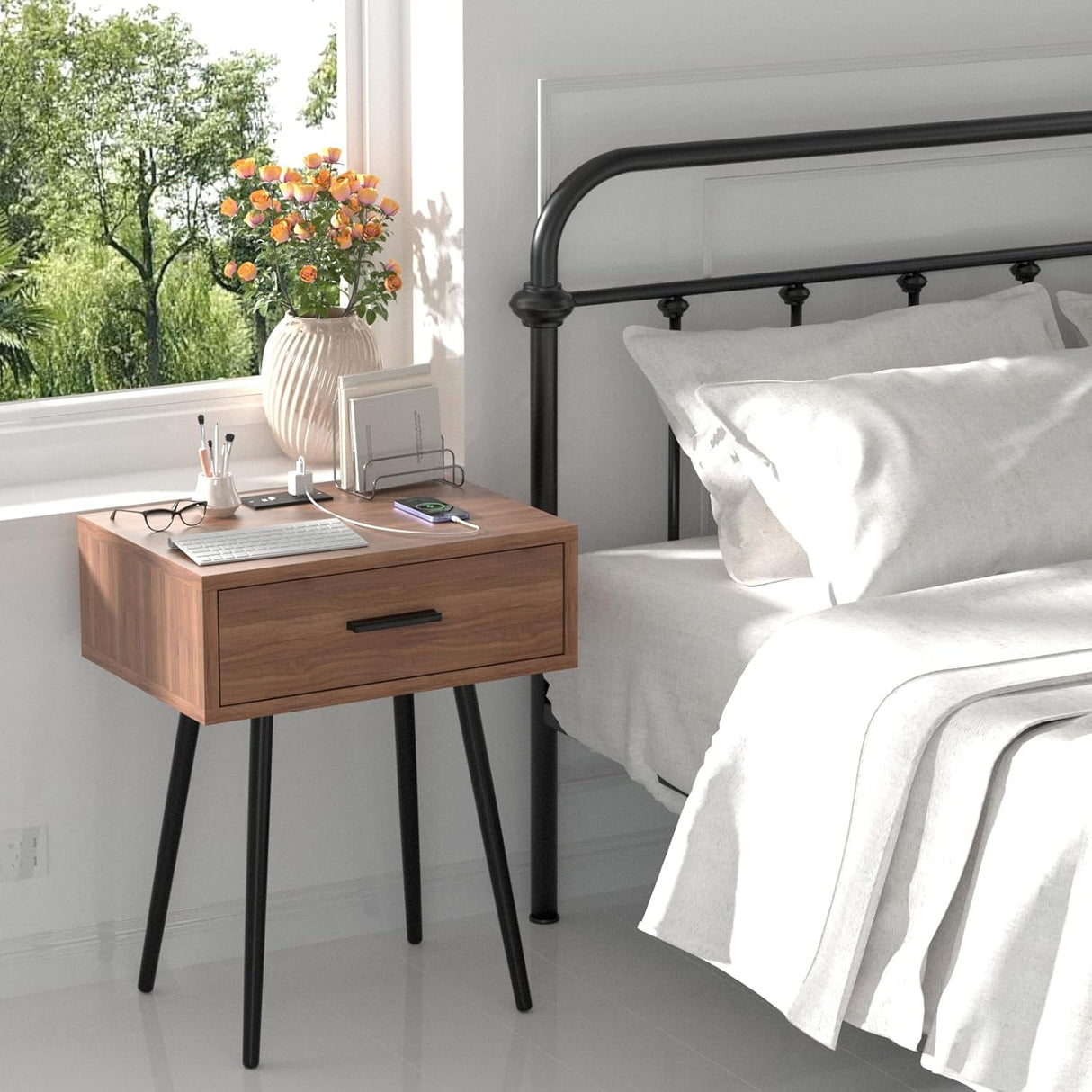 Our Modern Space 2 SET Nightstand with Charging Port and Wooden Drawers - Perfect for Small Side Table, Night Stand Night Stand - Walnut End Table, Dresser for Bedroom, Living Room, Dorm Our Modern Space