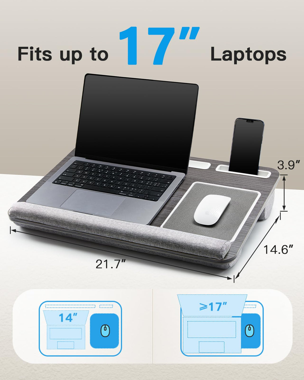 HUANUO Lap Desk - Fits up to 17 inches Laptop Desk, Built in Wrist Pad for Notebook, MacBook, Tablet, Lap Laptop Desk with Tablet, Pen & Phone Holder (Black Woodgrain) HUANUO