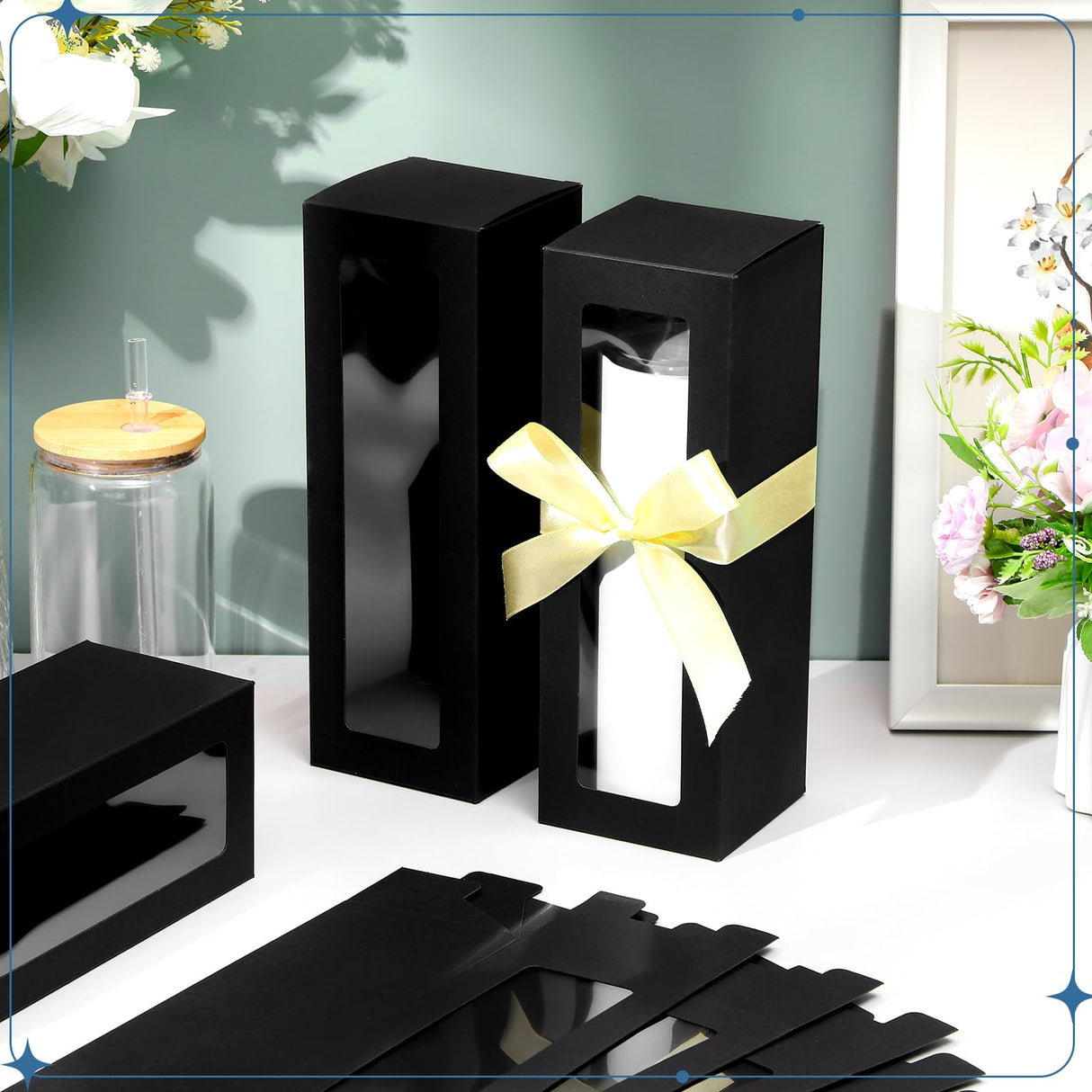 Honoson 24 Pcs Gift Boxes for Sublimation Tumblers Transparent Gift Box with Ribbon for 12oz, 20oz, 30oz Heat Press Sublimation Blanks Skinny Cup for Shipping Gift Wrapping (Black) Honoson