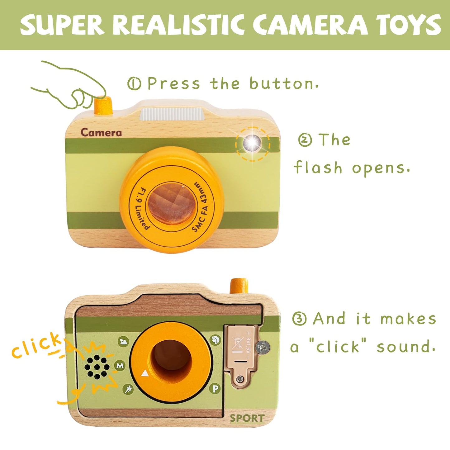 Wooden Mini Pretend Camera Toy with Real Sounds and Light for Toddlers 1 2 3 Years Old, Neck Hanging Photographed Props for Boys Girls Children Kids