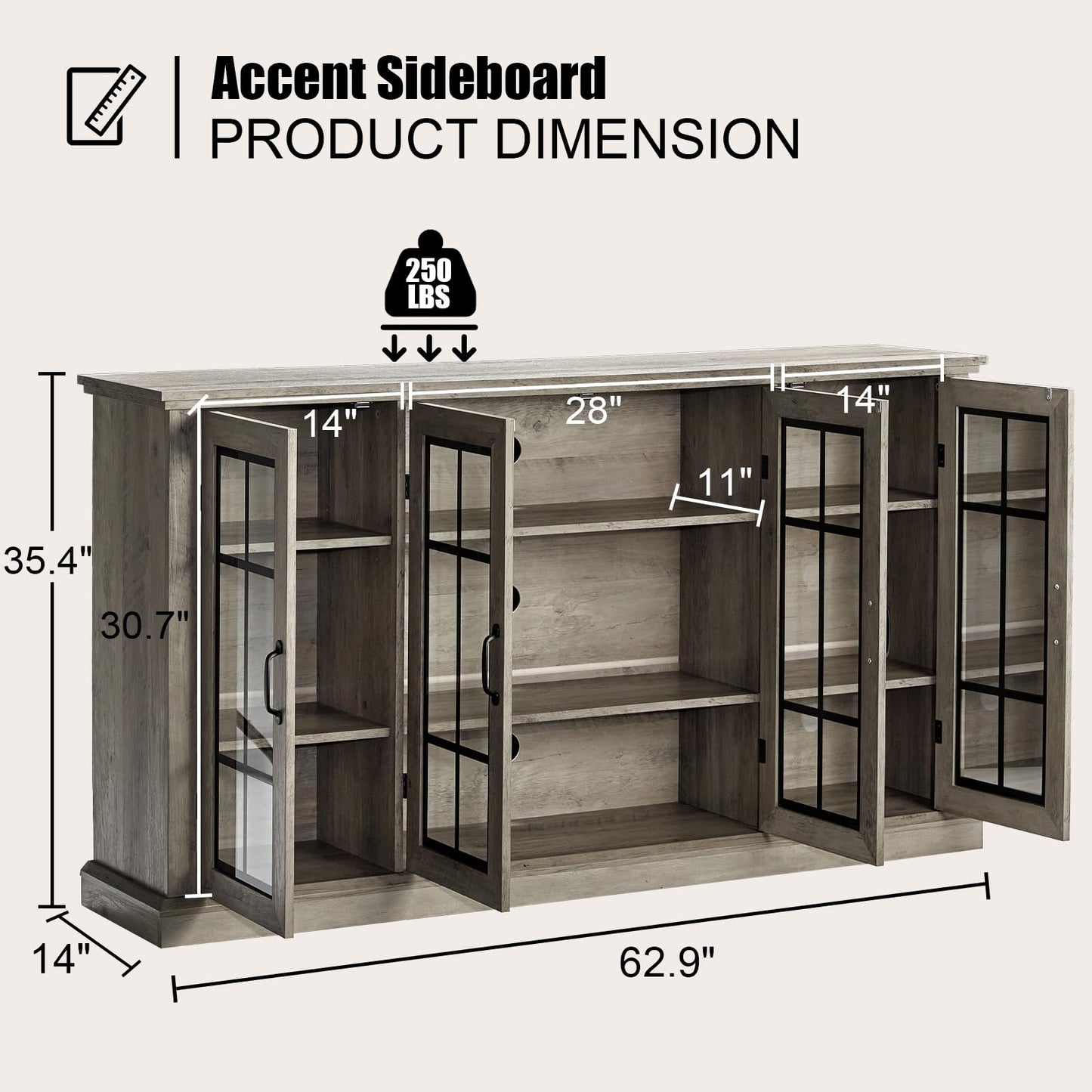 AMERLIFE 35" Sideboard, 6 Adjustable Shelves Sideboard Buffet Cabinet with 4 Doors, Accent Storage Credenzas for Dining Room, Living Room, Washed Grey - WoodArtSupply