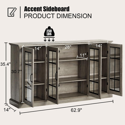 AMERLIFE 35" Sideboard, 6 Adjustable Shelves Sideboard Buffet Cabinet with 4 Doors, Accent Storage Credenzas for Dining Room, Living Room, Washed Grey - WoodArtSupply