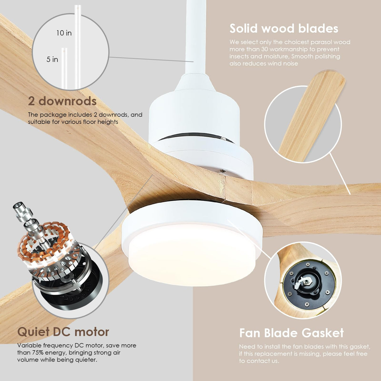 Mpayel 52" Wood Ceiling Fan - Farmhouse Ceiling Fan Light with 3 Solid Wood Reversible Blades, 6 Speeds, Indoor Outdoor Ceiling Fan for Patios, White Mpayel