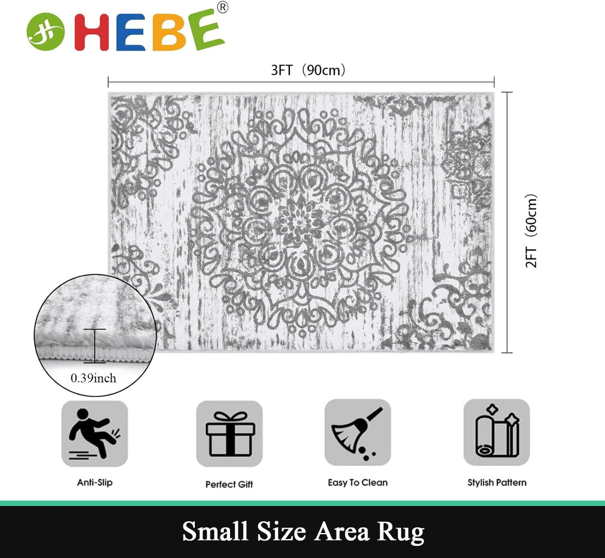 HEBE Washable Area Rug - 2'x3' Non Slip Soft Distressed Medallion Bedroom Boho Living Room Accent Throw Vintage Entry Floor Carpet for Dining Room Bathroom Entryway HEBE RUGS