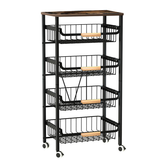 5-Tier Rolling Storage Cart with Wheels, Large Capacity Kitchen Cart, Mobile Utility Cart with Wooden Tabletop and Mesh Baskets, Bathroom, Laundry Room