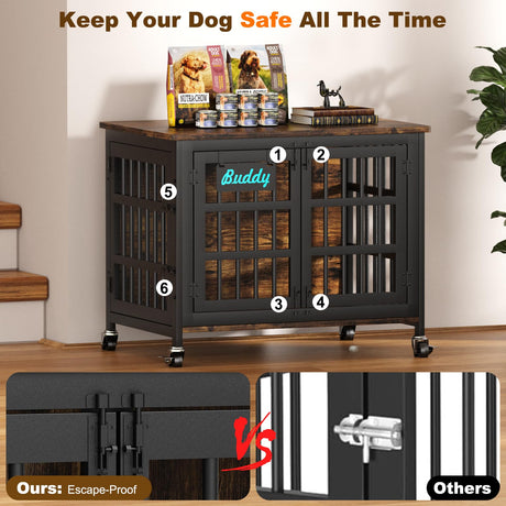 EasyCom 33"/27" Dog Crate Furniture with Name Tag, Heavy Duty Dog Kennel Indoor for Medium and Small Dogs, Double-Doors Sturdy Metal Dog Cage, Decorate House as TV Stand, End Table, Bedside Table EasyCom