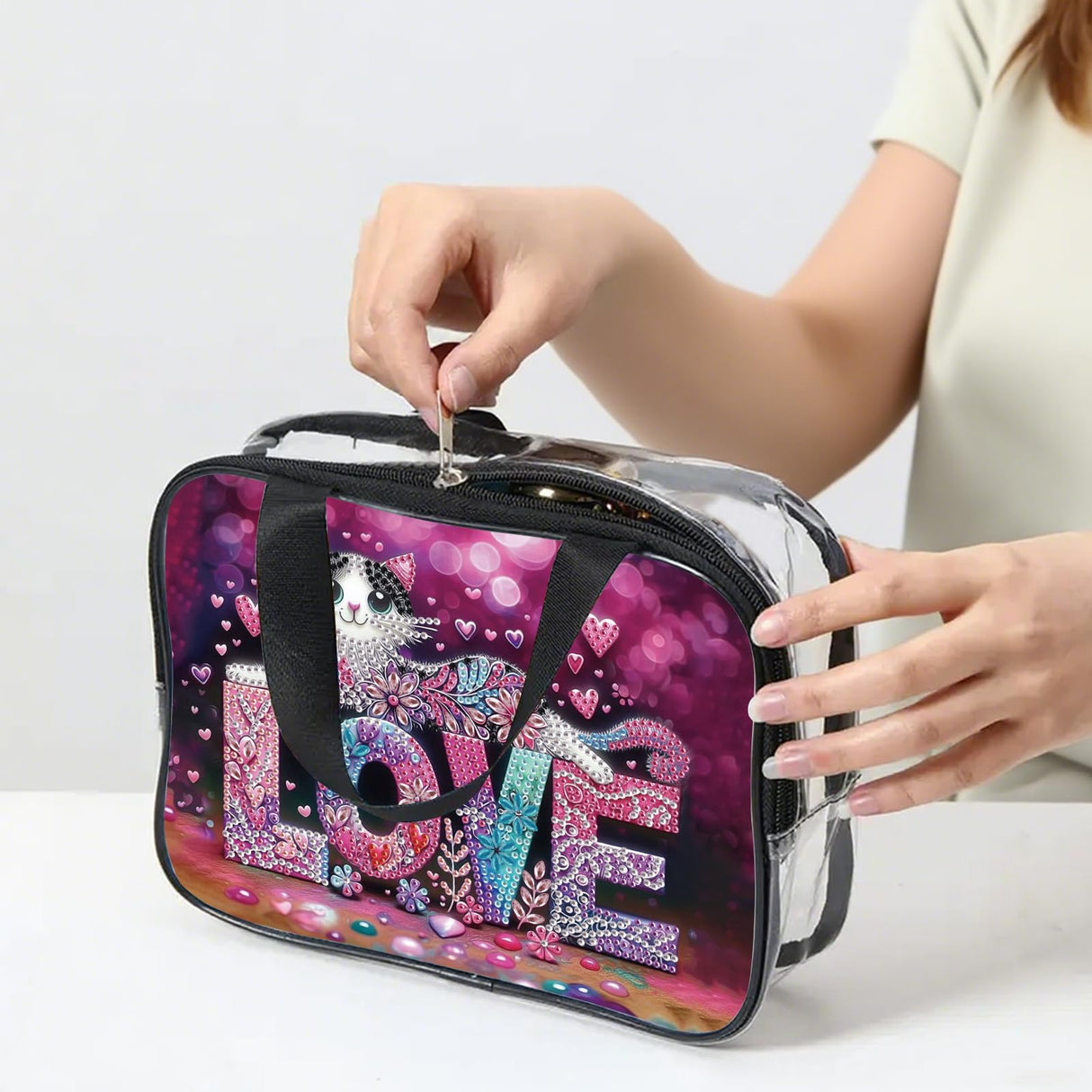 DIY diamond painting makeup bag kit, cat pattern sequined makeup storage bag with zipper, portable travel toiletries bag, as a handmade creative gift Tontut