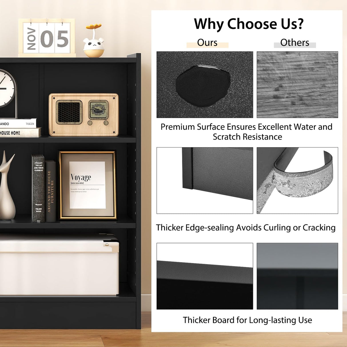 Tangkula 3 Tier Bookcase, Floor Standing Open Bookshelf with 18-Position Adjustable Shelves, Anti-toppling Device, Modern Multipurpose Display Storage Organizer for Living Room Study (1, Black) Tangkula