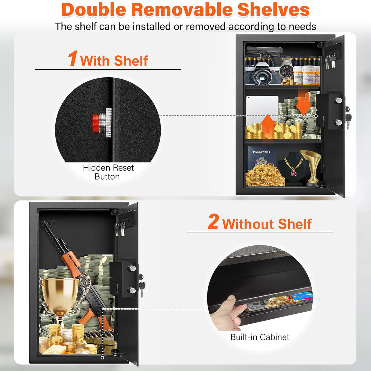 Nebakne 25.6" Tall Fireproof Wall Safes Between The Studs 16" Centers, Hidden Wall Safe with 2 Removable Shelf & Hidden Tray, Heavy Duty Wall Mount Safe for Firearms, Money, Jewelry, Passport Black Nebakne