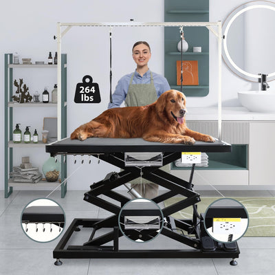 UDSONFY Electric Pet Dog Grooming Table, 50" Heavy Duty Grooming Table Professional Double X-Lift for Large Dogs Adjustable Height: 12"-45.8" Non-slip, AC Outlets, Storage Tray, 2 Nooses, Black