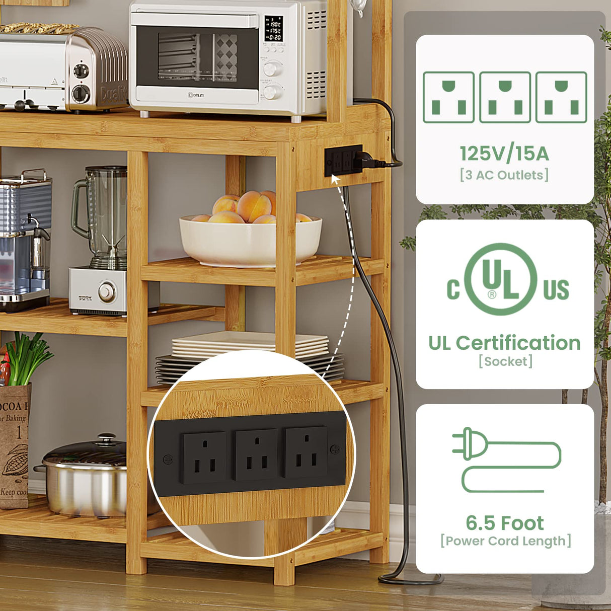 FORABAMB 8-Tier Bamboo Bakers Rack with Power Outlets and S-Shaped Hooks FORABAMB