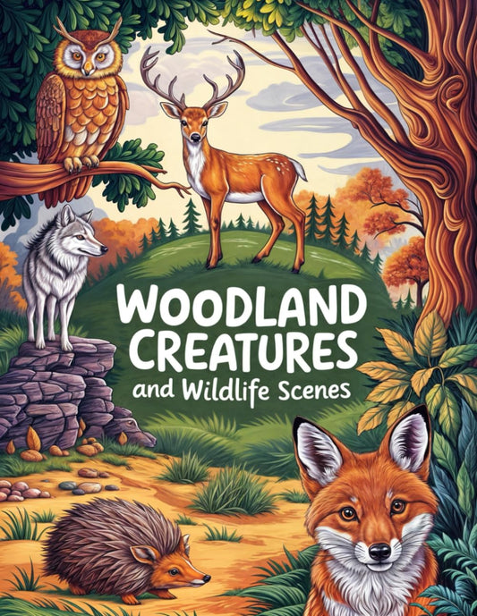 Woodland Creatures and Wildlife Scenes: Coloring Book for Children and Adults with Forests, Rivers, Deers, Foxes, Rabbits, Owls, and Much More for Relaxation and Stress Relief