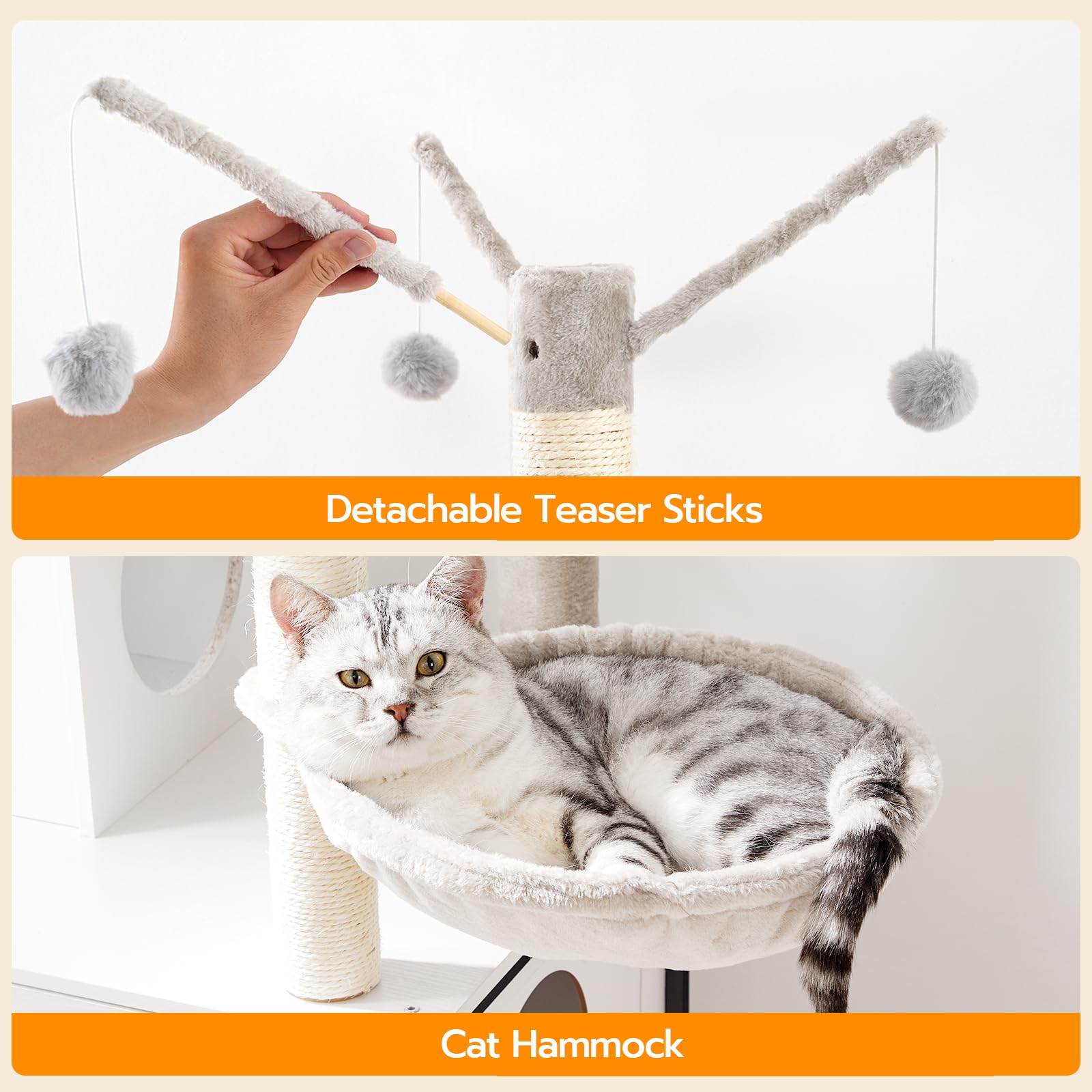 HOOBRO Cat Tree with Scratching Posts, Cat Tower Litter Box Enclosure Furniture for Indoor Cats, All-in-One Wooden Cat House Condo with Cat Hammock, Detachable Teaser Sticks, White BW14MZ03 - WoodArtSupply