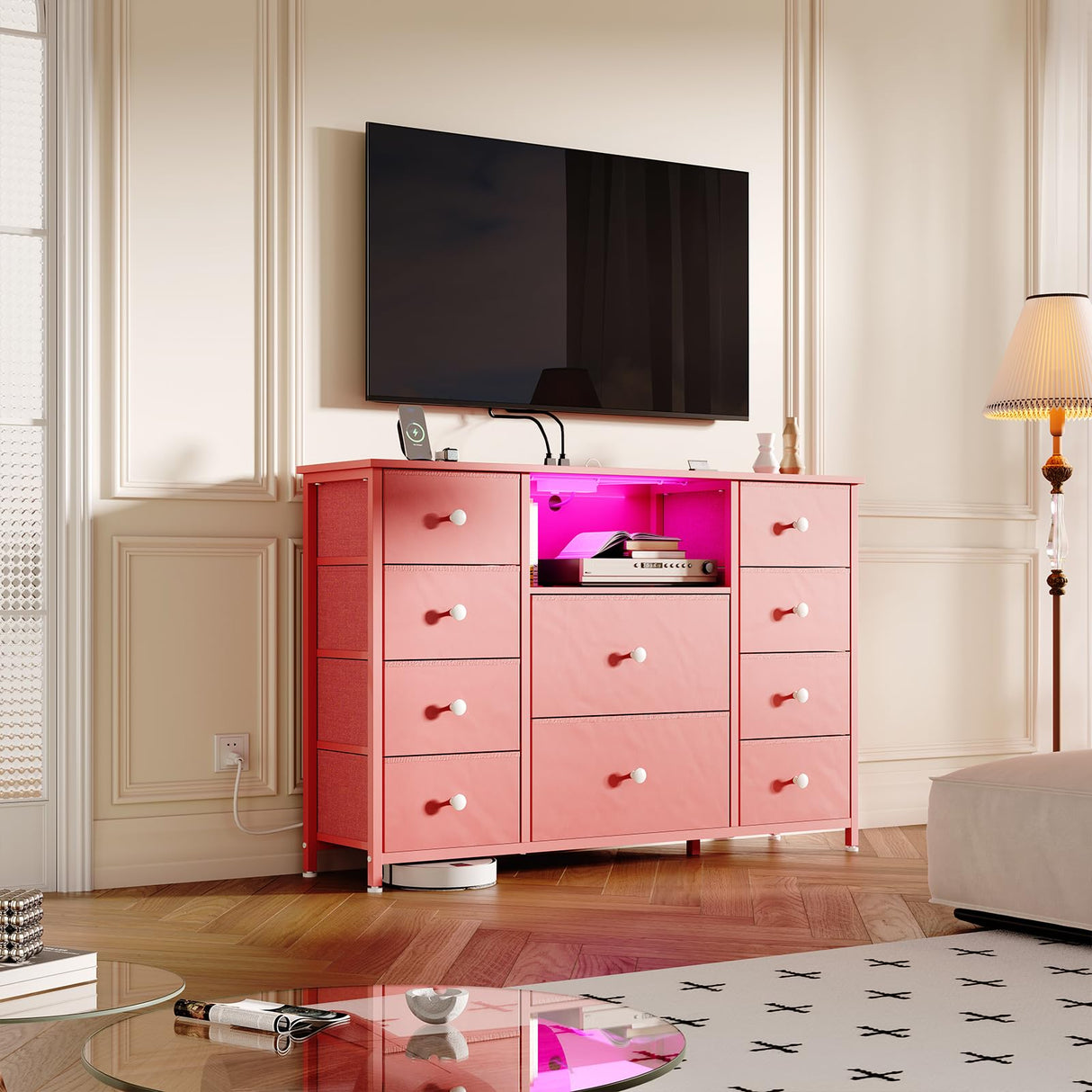 Dresser for Bedroom with 10 Drawers, Pink Storage Organizer TV Stand for 55" TV with LED Lights and Sockets, Fabric Chest of Drawers with PU Finish for Kid Room, Entryway, Living Room, Hallway LIWEIJIA