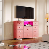 Dresser for Bedroom with 10 Drawers, Pink Storage Organizer TV Stand for 55" TV with LED Lights and Sockets, Fabric Chest of Drawers with PU Finish for Kid Room, Entryway, Living Room, Hallway LIWEIJIA