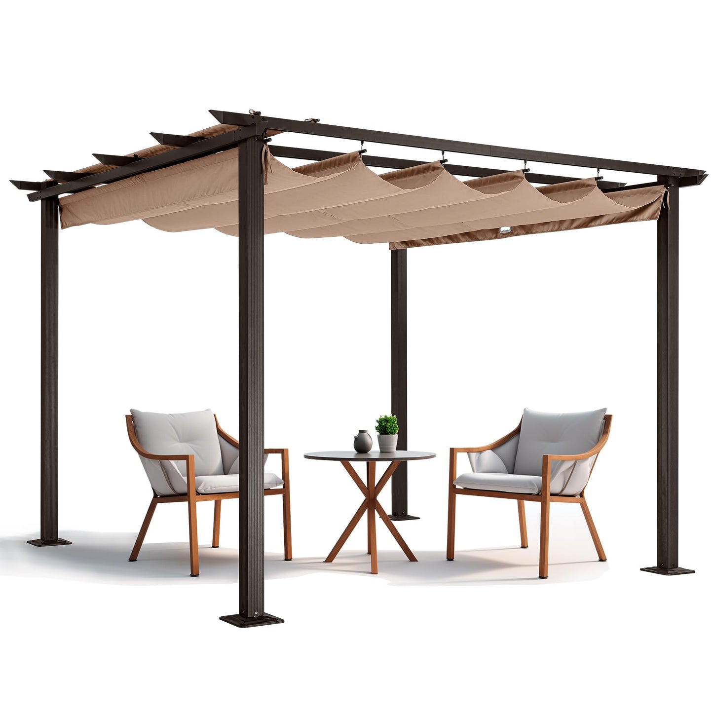 ZEPYARD 10X10 FT Outdoor Pergola, Aluminum Pergola with Sun Shade Retractable Canopy, Patio Retractable Pergola for Deck, Backyard, Grill (Brown)