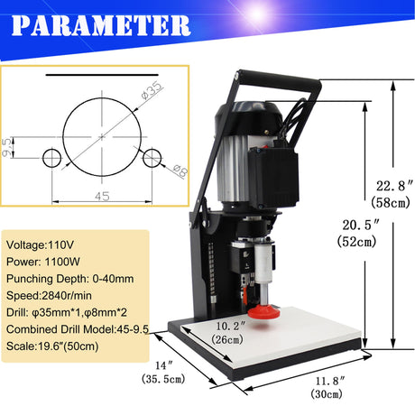 HQHAOTWU Portable Electric Hinge Boring Insertion Machine Adjustable Punching Depth Hinge Drill Press Machine Woodworking Hinge Boring Processing Machine 45-9.5 Combined Drill HQHAOTWU