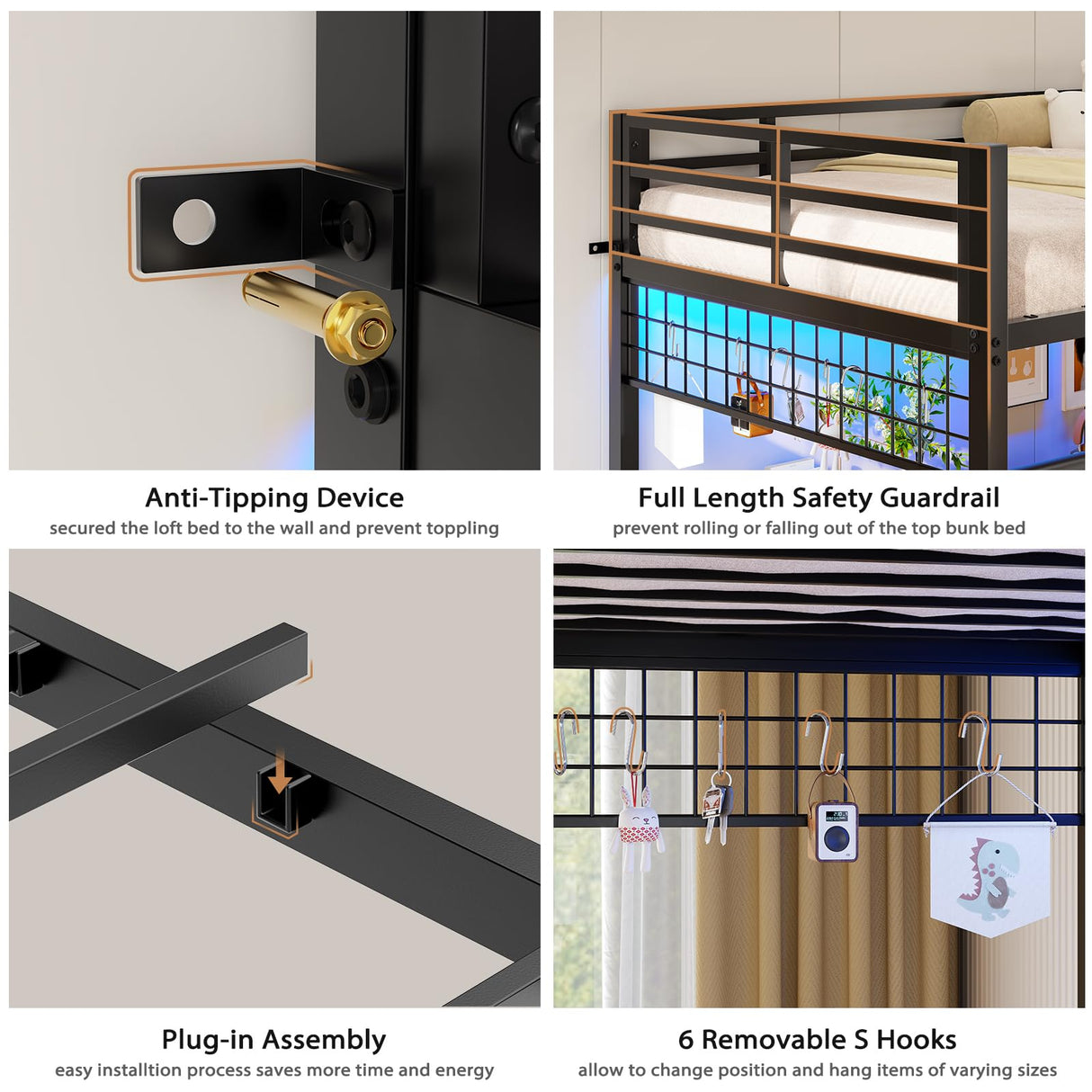 VIAGDO Bunk Bed Twin Over Twin with Hall Tree, Charging Station and LED Lights, L-Shaped Bunk Bed with Desk, 5 Storage Drawers, Twin Bunk Beds with Guardrail & Stairs, No Box Spring Needed, Black VIAGDO