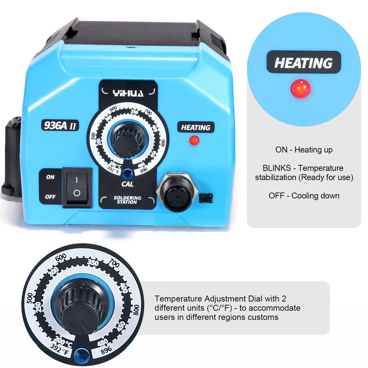 YIHUA 936A II Soldering Iron Station Kit, 65W with Intelligent Working Light. Easily Adjustable from 392℉～896℉. With Plug-in Iron Handle, a Solder Iron Stand, Solder Wire & 5 extra Solder Tips. YIHUA