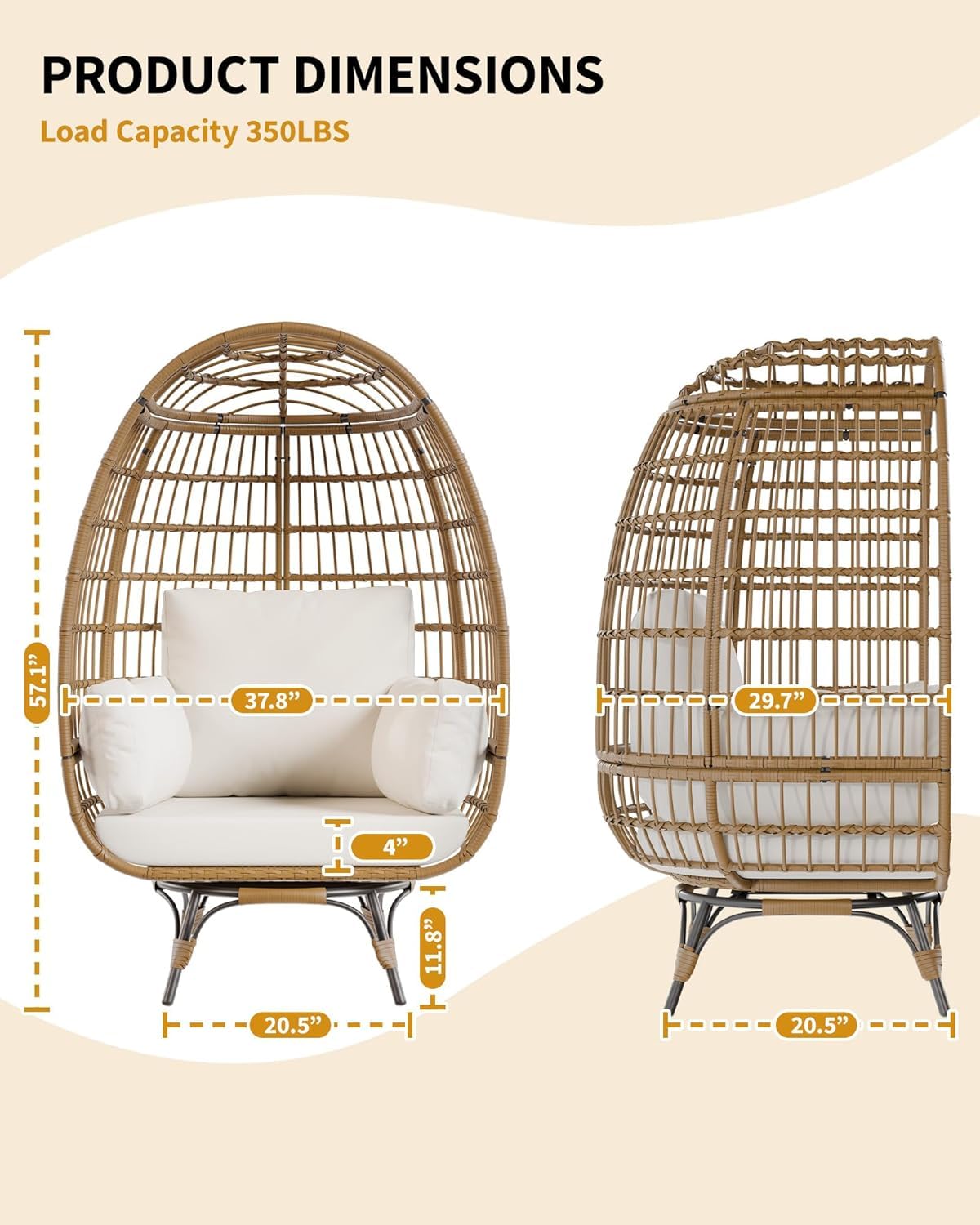 FinerFurnis Outdoor 360° Swivel Egg Chair - Oversized Egg-Shaped Lounge Chair, Steel Frame, 4 Thick Cushions, Patio Rotating Wicker Egg Basket, Indoor Outdoor Porch Living Room, Beige FinerFurnis