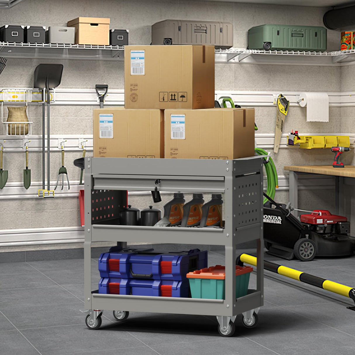 Cemostey 3-Tier Rolling Utility Cart, Heavy Duty Tool Cart on Wheels, Metal Service Cart with Locked Drawers for Garage, Warehouse and Repair Shop (Grey) Cemostey