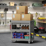 Cemostey 3-Tier Rolling Utility Cart, Heavy Duty Tool Cart on Wheels, Metal Service Cart with Locked Drawers for Garage, Warehouse and Repair Shop (Grey) Cemostey