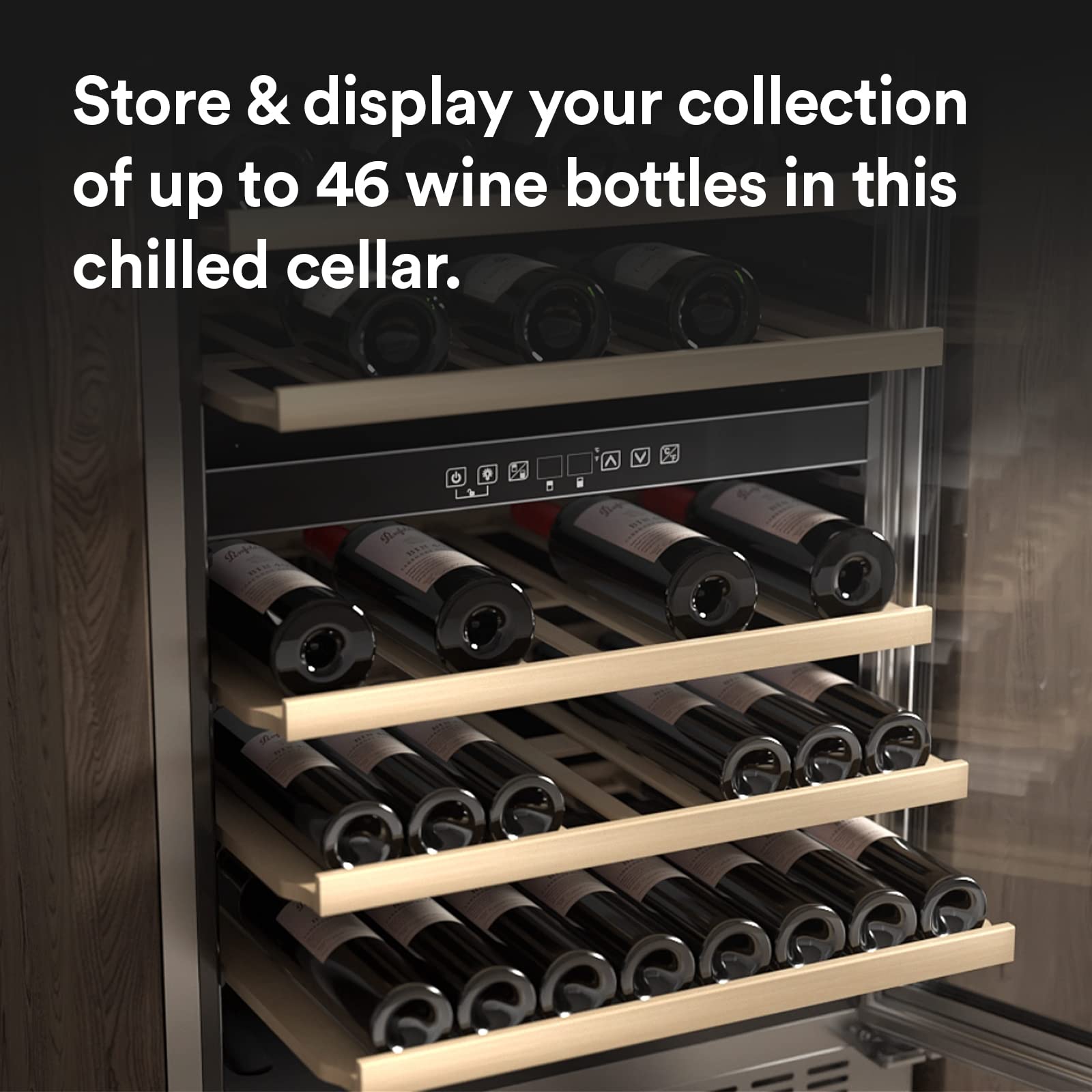 Everdure 46 Bottle Luxury Wine Cooler & Beverage Refrigerator, Built in or Free-Standing, Dual Zone, Stainless Steel with Reversible Glass Door, Beech Wood Shelves and LED Display Touchpad - WoodArtSupply