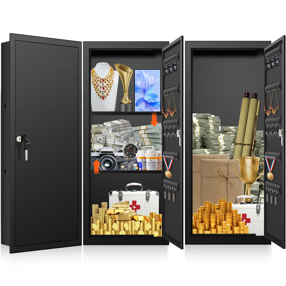 31.5" Tall Wall Safes Between the Studs with 2 Removable Shelf, Lockable Hidden Safe Box with 50 Hooks for Keys Jewellery, in Wall Safe for Money Medicines Valuables GUVELI