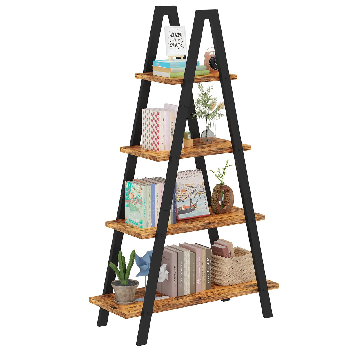 4-Tier Industrial Bookshelf with Metal Frame by Recaceik - For Home Office and Living Room Recaceik