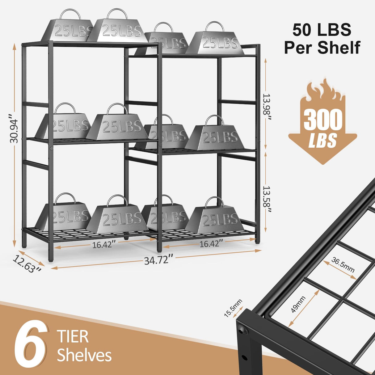 6-Tier Small Garage Shelf, Utility Garage Shelving Units and Storage, Heavy Duty Wire Shelving Metal Storage Shelves, Standing Shelf for Pantry, Laundry Room, Kitchen 34.72"L x 12.63"W x 30.94"H Black 3IngSeagulls