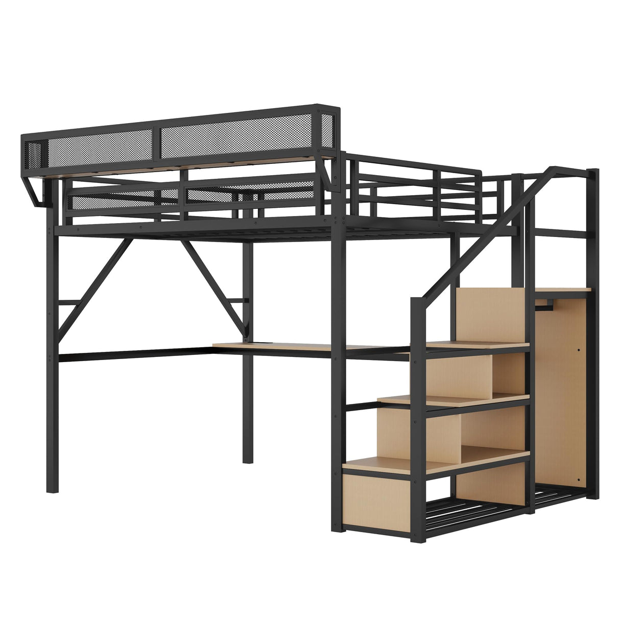 Queen Size Loft Bed with Stairs and Desk, Heavy Duty High Loft Bed Queen with Storage, Upper Shelf and Wardrobe for Kids Teens, Adults Teens No Box Spring Needed, No Noise, Black Duxelifin