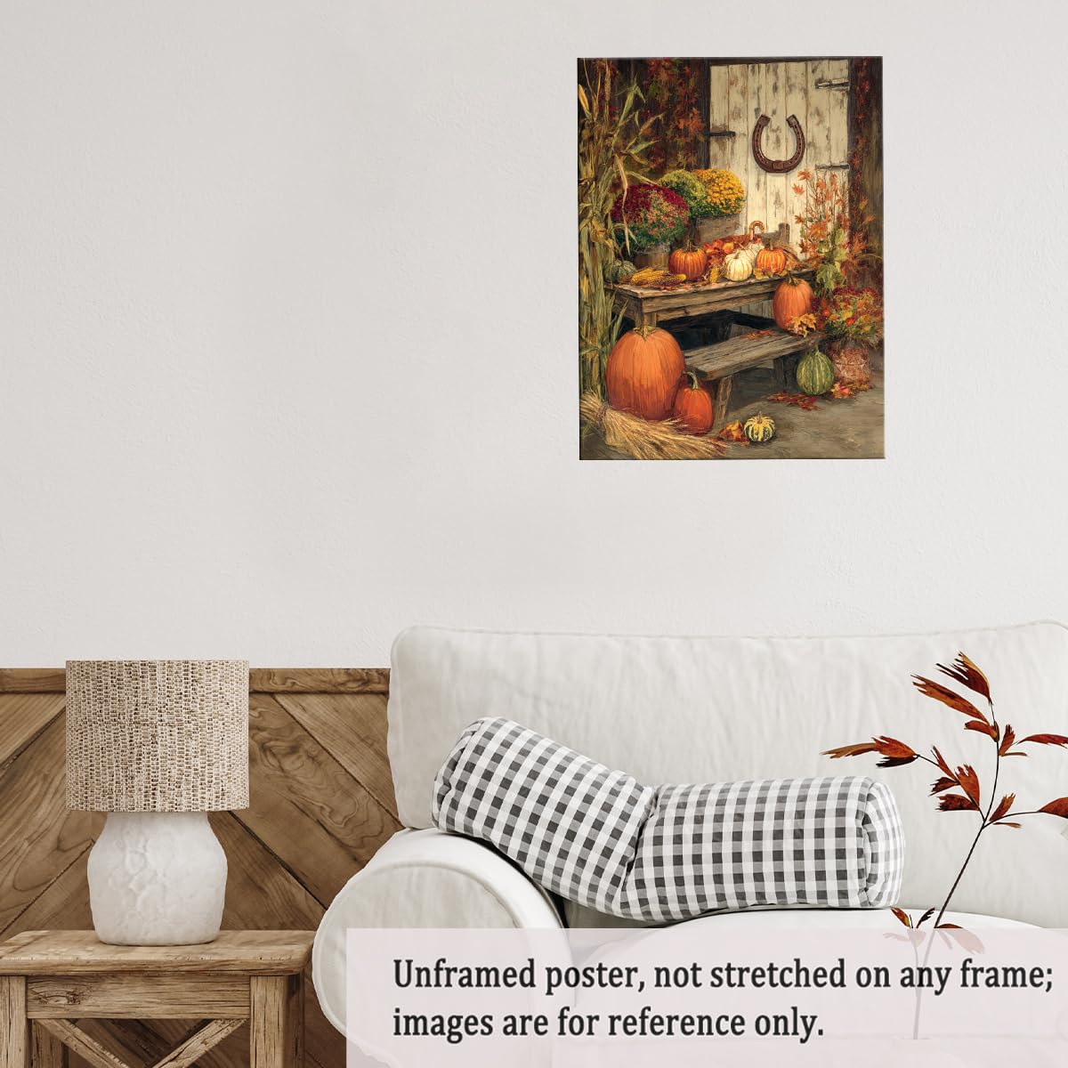 Rustic Harvest Porch Wall Art – Autumn Pumpkin and Corn Still Life Canvas Print with Flowers and Horseshoe Barn Door for Farmhouse Fall Decor 12x16in Unframed Generic