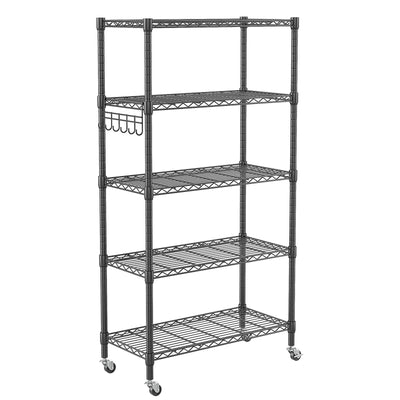 Homdox 5 Tier Metal Storage Shelves with Wheels, Heavy Duty Wire Shelving Unit, Adjustable Storage Racks with Side Hooks for Bathroom Kitchen Garage