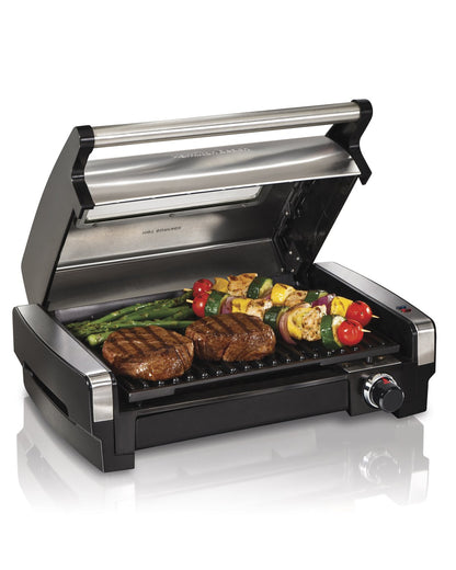 Hamilton Beach Electric Indoor Searing Grill with Viewing Window & Adjustable Temperature Control to 450F, 118 sq. in. Surface Serves 6, Removable Nonstick Grate, Stainless Steel