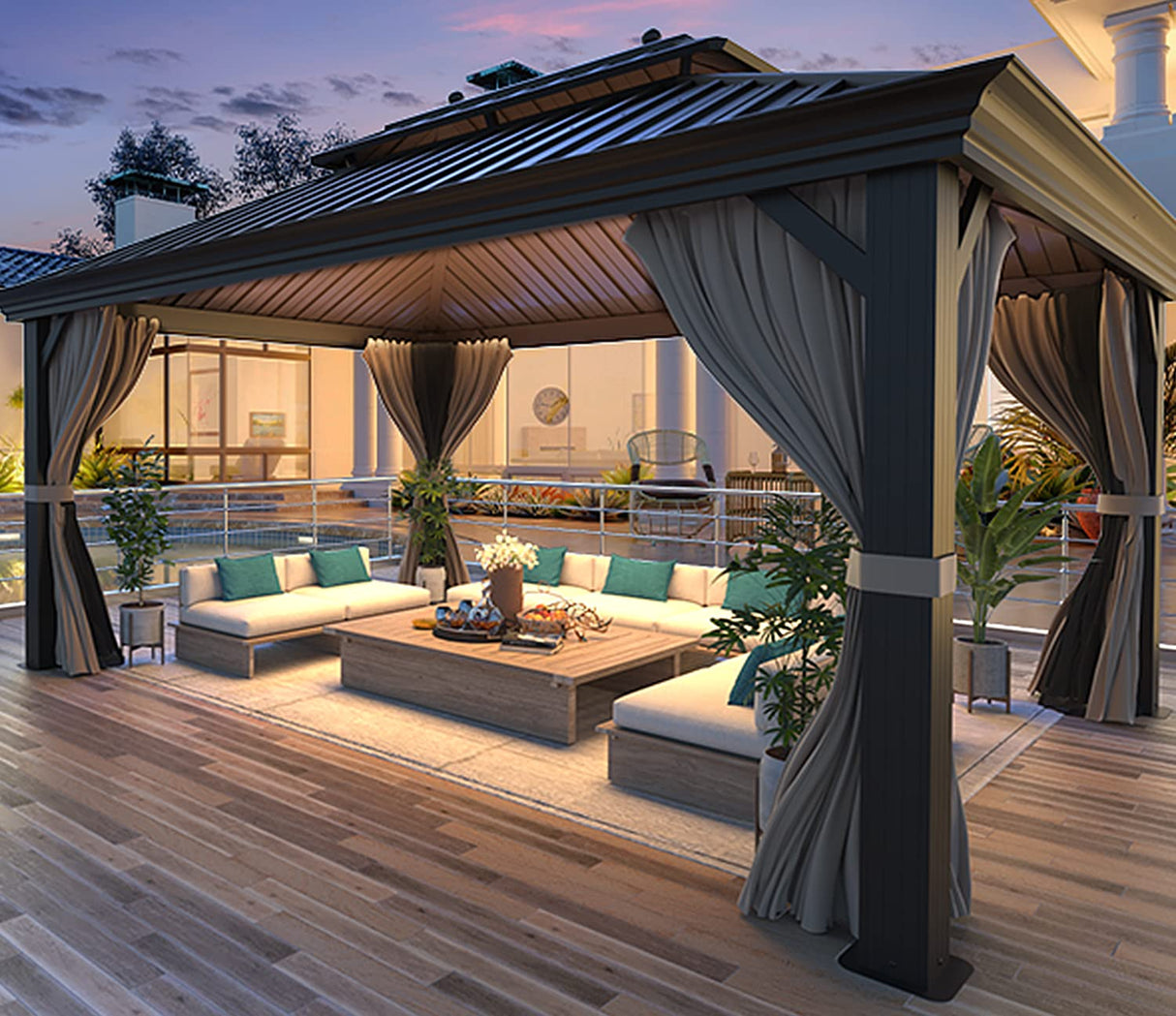 MELLCOM 12' x 16' Hardtop Gazebo, Galvanized Steel Metal Double Roof Aluminum Gazebo with Curtains and Netting, Brown Permanent Pavilion Gazebo with Frame for Patios, Gardens, Lawns MELLCOM