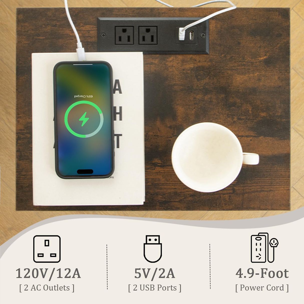 Fultyle Mid Century Modern Nightstand with Charging Station, Modern Bedside Table with Fluted Drawer and Storage Shelf, End Side Tables Living Room for Bedroom, Office (Rustic Brwon) Fultyle